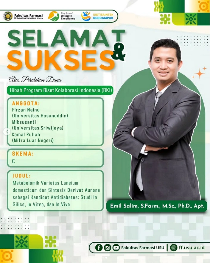 Dosen Fakultas Farmasi USU Raih Dana Hibah Program Riset Kolaborasi Indonesia (RKI) untuk Penelitian Kandidat Antidiabetes